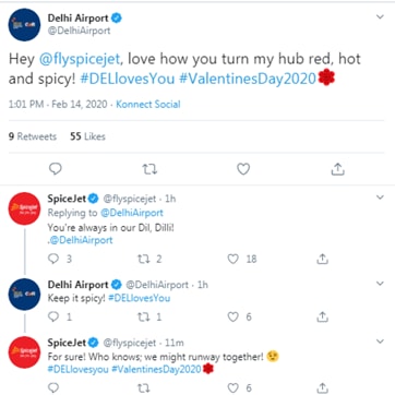 Valentine’s Day 2020 tweet exchange between Delhi Airport and SpiceJet.