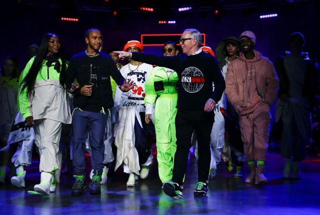 Designer Tommy Hilfiger is joined by Lewis Hamilton and models following his 'TOMMYNOW Spring 2020' show. (REUTERS)