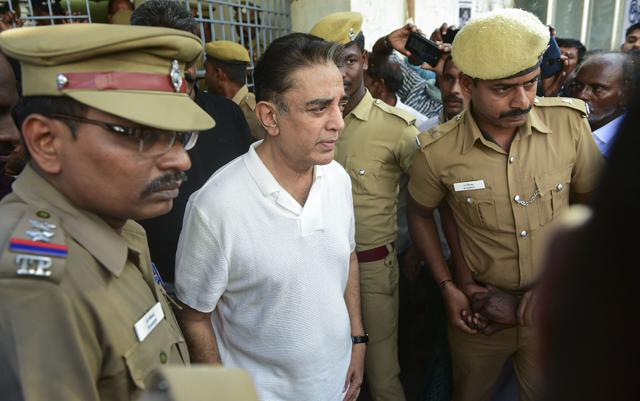 Actor-politician and Makkal Needhi Maiam founder Kamal Haasan comes out of a mortuary after paying homage to three of the victims, who died after a crane crashed on the sets of upcoming film Indian 2. (PTI) Actor-politician and Makkal Needhi Maiam founder Kamal Haasan comes out of a mortuary after paying homage to three of the victims, who died after a crane crashed on the sets of upcoming film Indian 2. (PTI)