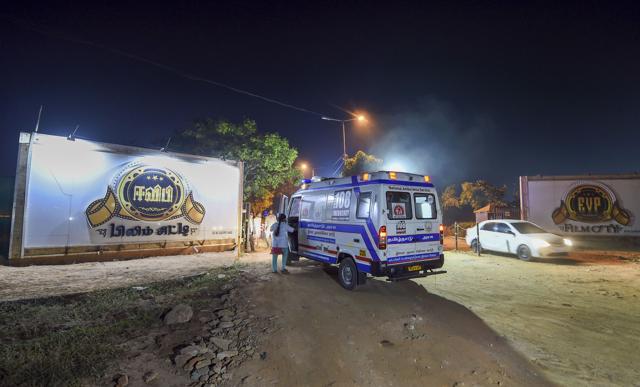 Chennai: An ambulance arrives at a private studio where a crane crashed on the set of actor Kamal Haasan's upcoming film Indian 2, in Chennai. (PTI)