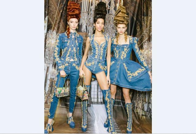 Marie Antoinette inspired denim Fall Winter 2020 looks from Moschino by Jeremy Scott. (Instagram: jeremyscott)