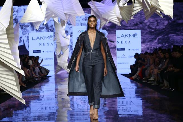 A denim ensemble from Pankaj &amp; Nidhi. (FS Images / Lakme Fashion Week /)