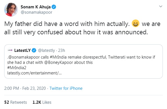 Sonam Kapoor said that her father Anil Kapoor and uncle Boney Kapoor had a discussion about the Mr India reboot.