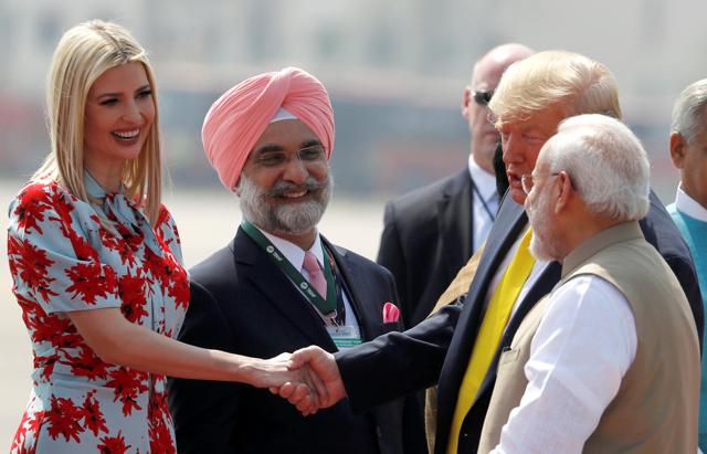 U.S. President Donald Trump greets U.S. White House senior advisor Ivanka Trump next to Indian Prime Minister Narendra Modi as they arrive at Sardar Vallabhbhai Patel International Airport in Ahmedabad (REUTERS) U.S. President Donald Trump greets U.S. White House senior advisor Ivanka Trump next to Indian Prime Minister Narendra Modi as they arrive at Sardar Vallabhbhai Patel International Airport in Ahmedabad (REUTERS)