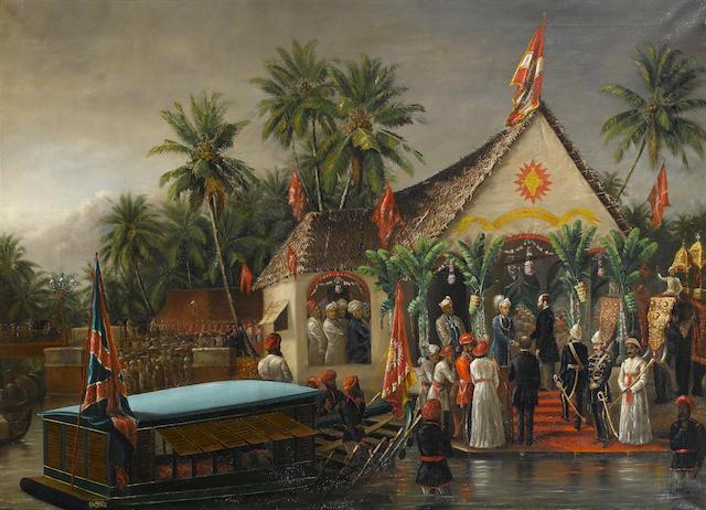 The Maharaja of Travancore and his younger brother welcoming Richard Temple-Grenville, 3rd Duke of Buckingham and Chandos, Governor-General of Madras (1875-80), on his official visit to Trivandrum in 1880. (Bonhams) The Maharaja of Travancore and his younger brother welcoming Richard Temple-Grenville, 3rd Duke of Buckingham and Chandos, Governor-General of Madras (1875-80), on his official visit to Trivandrum in 1880. (Bonhams)
