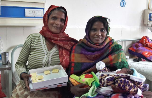 Sonam with her mother-in-law Seema and her newborn son at the Mother-Child Hospital (MCH) in Ludhiana on Saturday. (Gurpreet Singh/HT) Sonam with her mother-in-law Seema and her newborn son at the Mother-Child Hospital (MCH) in Ludhiana on Saturday. (Gurpreet Singh/HT)