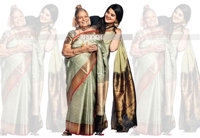 On Prabha: Sari, Kasim Collection, Varanasi; antique jewellery; footwear; Bata; On Avshreya: Sari, Kasim Collection, Varanasi; jewellery, antique family heirlooms (Shivamm Paathak )