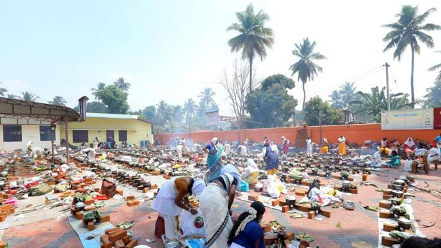 Women offer Pongala -- a gruel made of rice, jaggery, ghee and coconut during Attukal Pongala, in Thiruvananthapuram, Kerala, Monday, March 09, 2020. (Vivek R Nair / HT Photo ) Women offer Pongala -- a gruel made of rice, jaggery, ghee and coconut during Attukal Pongala, in Thiruvananthapuram, Kerala, Monday, March 09, 2020. (Vivek R Nair / HT Photo )