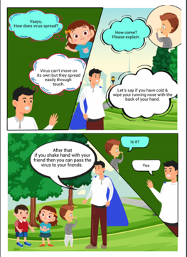 A section of the comic explaining kids how the virus spreads.