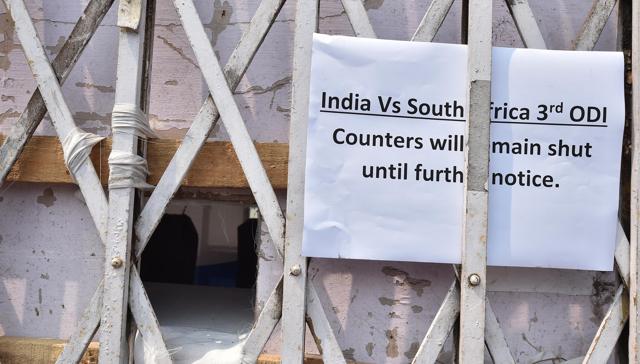A notice conveying ‘counters will remain closed until further notice’ is pasted outside a counter of Eden Garden Stadium. (PTI) A notice conveying ‘counters will remain closed until further notice’ is pasted outside a counter of Eden Garden Stadium. (PTI)