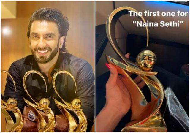 Ranveer and Taapsee Pannu shared pictures of their trophies. Ranveer and Taapsee Pannu shared pictures of their trophies.