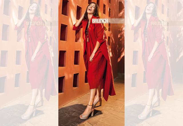 Jacket and dress, Nidhika Shekhar; jewellery, EnInde; sandals, Dune London (Vidushi Gupta ) Jacket and dress, Nidhika Shekhar; jewellery, EnInde; sandals, Dune London (Vidushi Gupta )