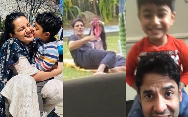 Kangana Ranaut with her nephew, Akshay Kumar with daughter Nitara, Tusshar Kapoor with son Laksshya. Kangana Ranaut with her nephew, Akshay Kumar with daughter Nitara, Tusshar Kapoor with son Laksshya.