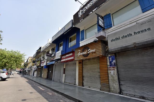 Deserted view of Khan Market during Janta Curfew proposed by Prime Minister Narendra Modi -- to prevent the spread of coronavirus, in New Delhi. (Sanjeev Verma/HT PHOTO)