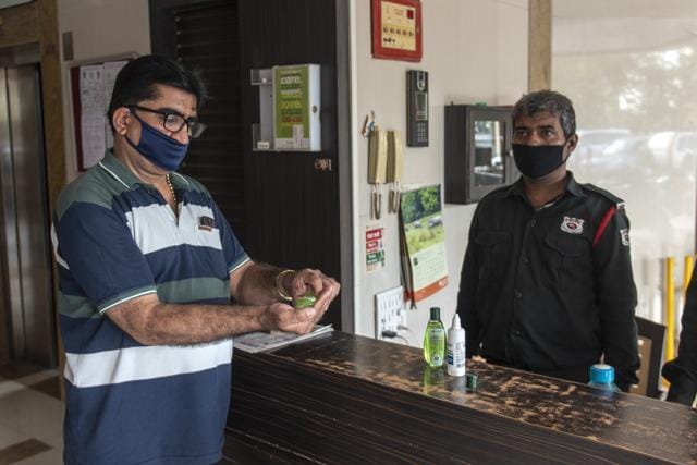 Hand sanitisers kept at entrance. (AALOK SONI/HT) Hand sanitisers kept at entrance. (AALOK SONI/HT)