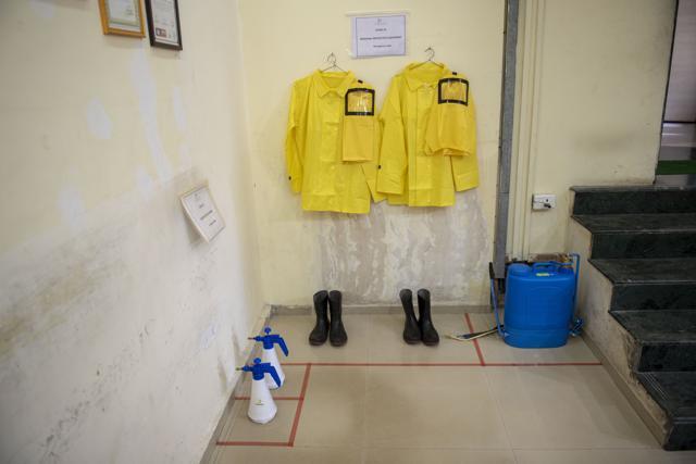 Hazmat suits and emergency medical kits kept ready. Hazmat suits and emergency medical kits kept ready.
