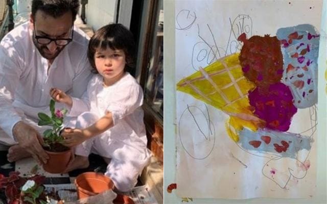Taimur gardening with Saif Ali Khan (left) and his painting (right).