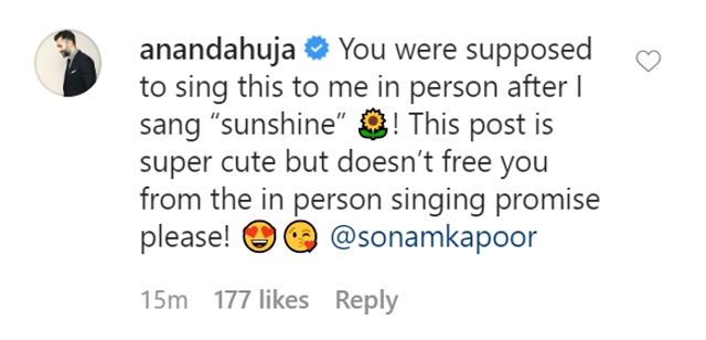 Anand Ahuja’s comment on Sonam Kapoor’s post.