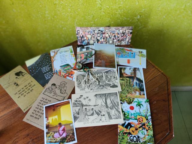 Postcards from Goa: Reprints of Mario Miranda’s works in various sizes; pictures capturing the flavour of Goa turned into postcards by The Postcard Hotels; Poems in Hindi printed in postcard form by Iktara, a not-for-profit organisation. (Saumya Sharma/@MasakaliBytes) Postcards from Goa: Reprints of Mario Miranda’s works in various sizes; pictures capturing the flavour of Goa turned into postcards by The Postcard Hotels; Poems in Hindi printed in postcard form by Iktara, a not-for-profit organisation. (Saumya Sharma/@MasakaliBytes)