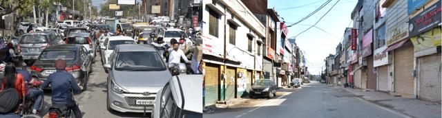 Traffic jam at Ghumar Mandi in Ludhiana before the lockdown; the market wears a deserted look after the lockdown. (Harsimar Pal Singh/HT) Traffic jam at Ghumar Mandi in Ludhiana before the lockdown; the market wears a deserted look after the lockdown. (Harsimar Pal Singh/HT)