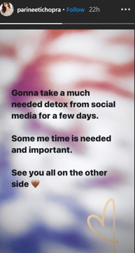 Parineeti Chopra has taken a break from social media. (Photo: Instagram/parineetichopra) Parineeti Chopra has taken a break from social media. (Photo: Instagram/parineetichopra)