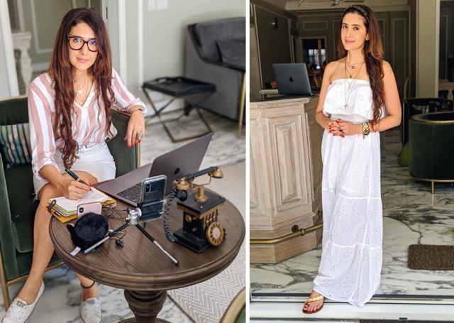 Look1: Top, Mango; skirt, Zara; shoes, Converse; belt, Gucci; pendant: Van Cleef; frames, Tom Ford; ring, Farah Khan; Look 2: Dress, Micheal Kors; footwear, from Mykonos; pendant, Bansi Mehta; ring, Farah Khan; hair band, Accessorize Look1: Top, Mango; skirt, Zara; shoes, Converse; belt, Gucci; pendant: Van Cleef; frames, Tom Ford; ring, Farah Khan; Look 2: Dress, Micheal Kors; footwear, from Mykonos; pendant, Bansi Mehta; ring, Farah Khan; hair band, Accessorize