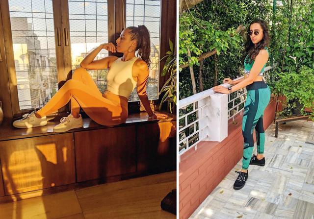 Look 1: Crop top, tights and sneakers, Reebok; Look 2: Tights and top, Reebok; watch, Apple; sunglasses, Versace Look 1: Crop top, tights and sneakers, Reebok; Look 2: Tights and top, Reebok; watch, Apple; sunglasses, Versace