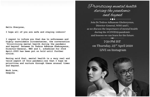 Deepika Padukone’s interaction with the WHO Director-General has been put on hold until further notice. Deepika Padukone’s interaction with the WHO Director-General has been put on hold until further notice.