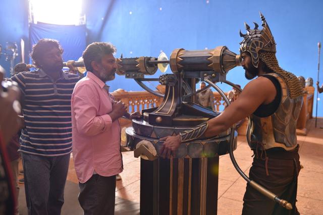 SS Rajamouli (centre) and Rana Daggubati (right) on sets of Baahubali 2. SS Rajamouli (centre) and Rana Daggubati (right) on sets of Baahubali 2.