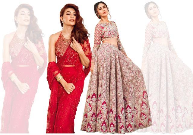 Kareena Kapoor Khan (right) in a heavily embellished choli paired with voluminous skirt and Jacqueline Fernandez (left) in an embroidered sari and a modern blouse with gold detailing designed by Faraz Manan Kareena Kapoor Khan (right) in a heavily embellished choli paired with voluminous skirt and Jacqueline Fernandez (left) in an embroidered sari and a modern blouse with gold detailing designed by Faraz Manan