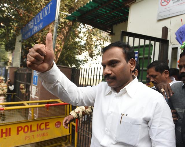 DMK Leader and Former Union Telecom Minister A Raja with his supporters celebrating after the 2G Case verdict at the Patiala house Court in New Delhi on Thursday, December 21, 2017. (Sonu Mehta/HT PHOTO) DMK Leader and Former Union Telecom Minister A Raja with his supporters celebrating after the 2G Case verdict at the Patiala house Court in New Delhi on Thursday, December 21, 2017. (Sonu Mehta/HT PHOTO)