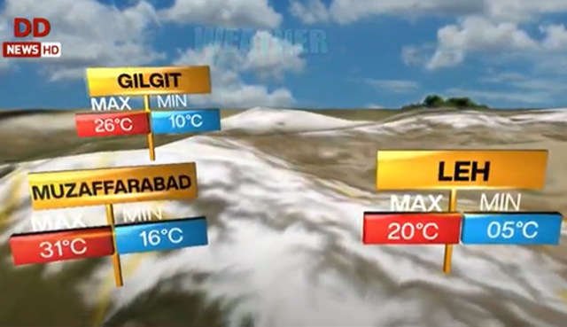 Doordarshan News has started putting out weather reports for three Muzaffarabad, Mirpur and Gilgit as part of its weather report in different parts of the country (DD News/Screengrab)
