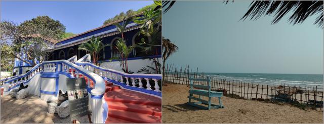 The facade of Sunaparanta Center for Arts, Panjim (left); A Goan beachside (right) (Saumya Sharma/HT) The facade of Sunaparanta Center for Arts, Panjim (left); A Goan beachside (right) (Saumya Sharma/HT)