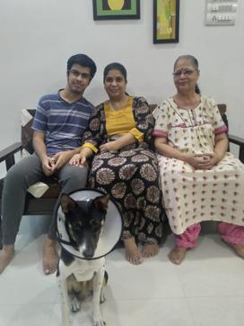 Choula Verma flanked by her son Varun Verma (left), mother-in-law Uday Verma (right) and dog Plum cake Choula Verma flanked by her son Varun Verma (left), mother-in-law Uday Verma (right) and dog Plum cake