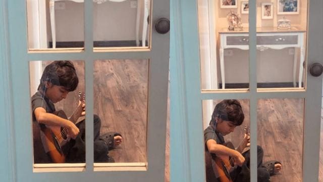 Ayushmann Khurrana’s son Virajveer playing a guitar during lockdown. Ayushmann Khurrana’s son Virajveer playing a guitar during lockdown.