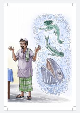 Osman and the fish that eat men. (Illustration by Samrat Halder from Hop On by Ruskin Bond) Osman and the fish that eat men. (Illustration by Samrat Halder from Hop On by Ruskin Bond)