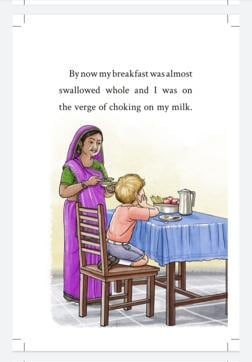 Ayah feeding the boy Ruskin breakfast. (Illustration by Samrat Halder from Hop On by Ruskin Bond ) Ayah feeding the boy Ruskin breakfast. (Illustration by Samrat Halder from Hop On by Ruskin Bond )