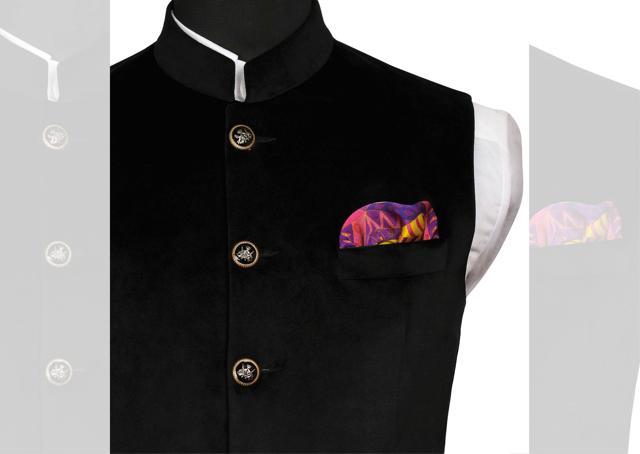 Multicoloured silk pocket square by Chokore on a structured band collared cut sleeve jacket Multicoloured silk pocket square by Chokore on a structured band collared cut sleeve jacket