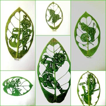 Mamta Goel has been carving on fresh natural leaves like aak, rose money plant, giloye and harsingar Mamta Goel has been carving on fresh natural leaves like aak, rose money plant, giloye and harsingar