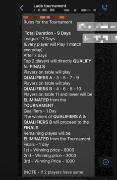 A screenshot of Ludo Tournament message A screenshot of Ludo Tournament message
