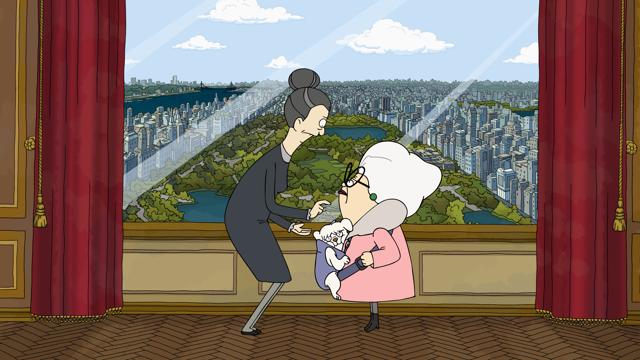 Bitsy (voiced by Stanley Tucci) and Helen (voiced by Daveed Diggs) in a still from Central Park. (Apple) Bitsy (voiced by Stanley Tucci) and Helen (voiced by Daveed Diggs) in a still from Central Park. (Apple)