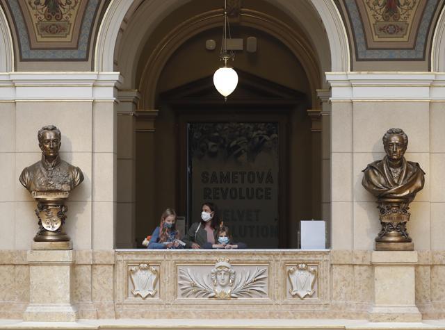 Visitors wearing face masks at the National Museum in Prague, Czech Republic, Thursday, May 28, 2020. With the coronavirus pandemic still not over yet, the Czech National Museum in Prague has put on display the most visible symbol of the country's response to it, face masks. (AP Photo/Petr David Josek) (AP) Visitors wearing face masks at the National Museum in Prague, Czech Republic, Thursday, May 28, 2020. With the coronavirus pandemic still not over yet, the Czech National Museum in Prague has put on display the most visible symbol of the country's response to it, face masks. (AP Photo/Petr David Josek) (AP)