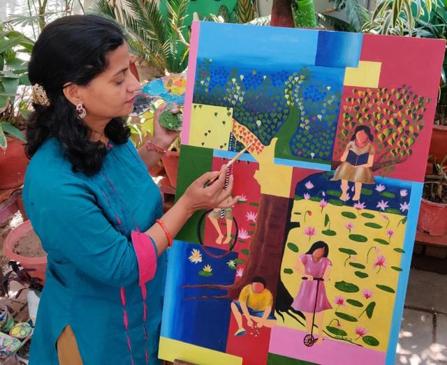 City artist Sita Khushwaha paints silence at a CLKA online lockdown show (HT photo) City artist Sita Khushwaha paints silence at a CLKA online lockdown show (HT photo)