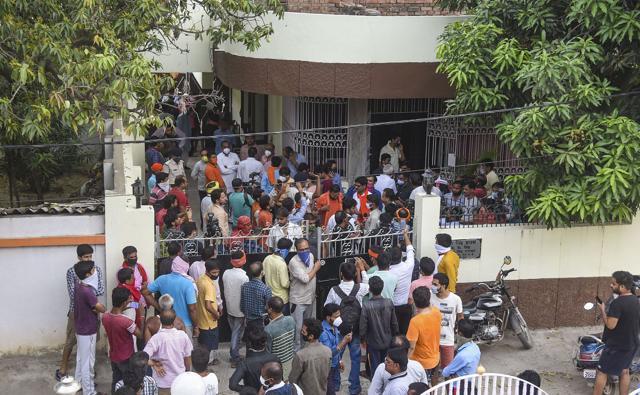 Fans of Bollywood actor Sushant Singh Rajput gather outside his father’s residence in Patna. (PTI) Fans of Bollywood actor Sushant Singh Rajput gather outside his father’s residence in Patna. (PTI)