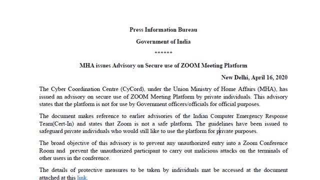 Home Ministry announcement on its advisory for use of Zoom video conference platform