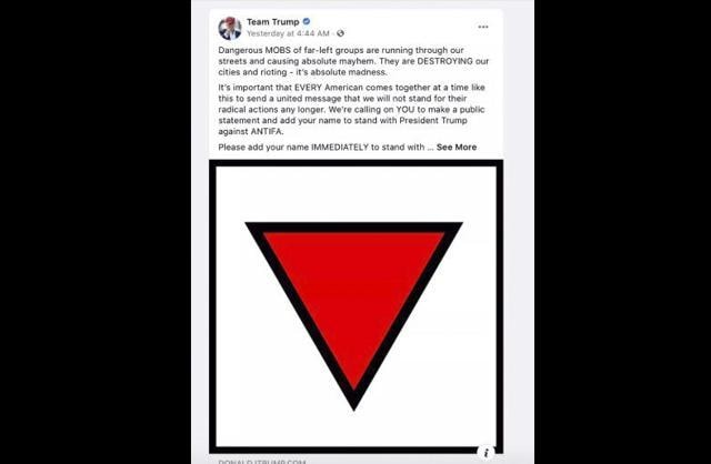 This computer screen capture shows a removed Trump campaign ad that appeared in feeds on Facebook on June 18, 2020. - Facebook on June 18, 2020 said it removed ads by President Donald Trump's re-election campaign that contained a symbol used in Nazi Germany for political prisoners. (AFP PHOTO /Facebook)