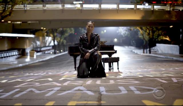 Alicia Keys, standing atop names of Black lives lost, performs during the BET Awards. (BET) Alicia Keys, standing atop names of Black lives lost, performs during the BET Awards. (BET)