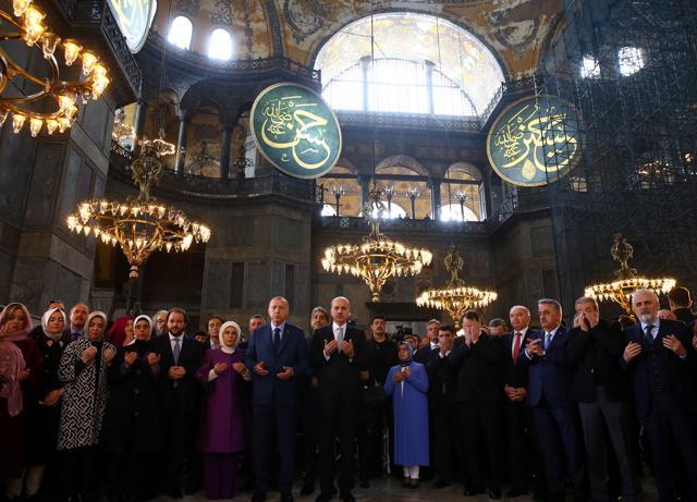 Turkish President Tayyip Erdogan prays during the opening ceremony of the Yeditepe Biennial at the Hagia Sophia or Ayasofya Museum in Istanbul recently. (via REUTERS) Turkish President Tayyip Erdogan prays during the opening ceremony of the Yeditepe Biennial at the Hagia Sophia or Ayasofya Museum in Istanbul recently. (via REUTERS)