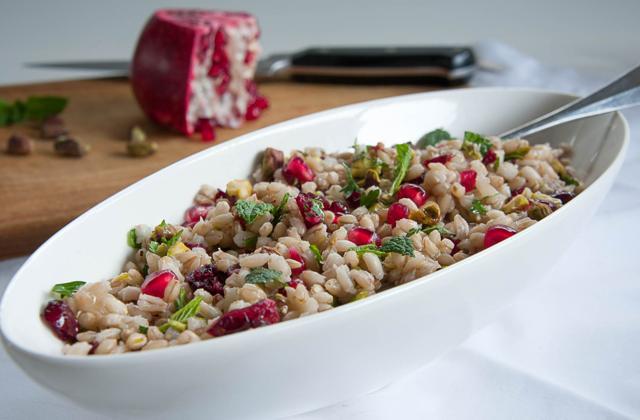 Pearl barley, almonds and pomegranate salad. Pearl barley, almonds and pomegranate salad.