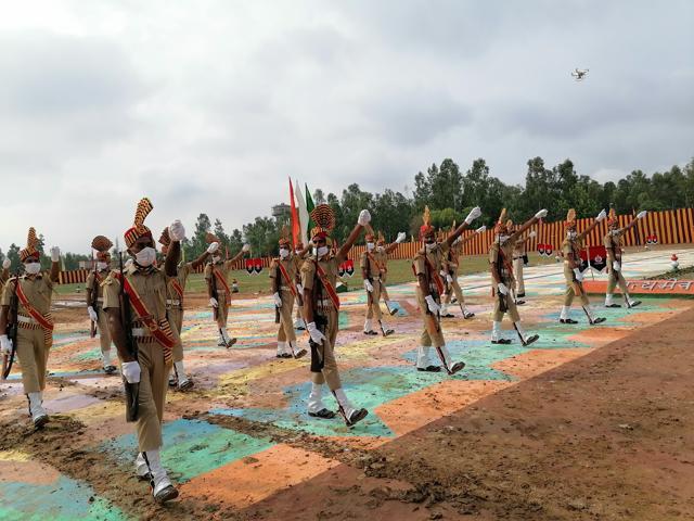 The new recruits during the passing-out parade in Yamunanagar. (HT Photo)